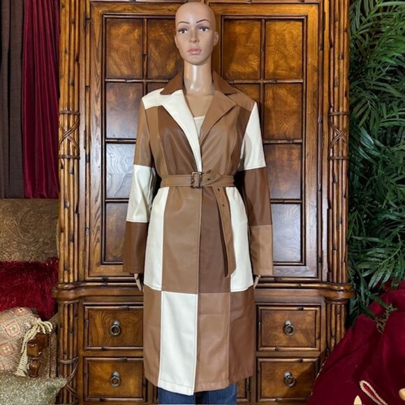 Forever 21 Faux Leather Neutral Patchwork Belted Slit Cuff Coat - Picture 2 of 16